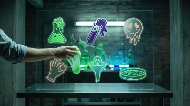 Spooky science and mad laboratory concept, hands interacting with icons of bubbling flasks, test tubes, melting skulls, and zombie hands, neon chemistry lab doodles illustration