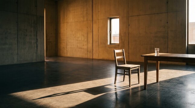 A lone chair and small table with a water glass stand in an austere room crossed by afternoon light. Concept of everyday rituals, personal presence and quiet domestic lifestyle. Generative AI.