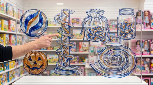 Person rolling marble through doodle icons of glass sphere, marble track, and jack-o-lantern, Halloween doodle drawing overlay, toy store collection concept, playful marble run illustration