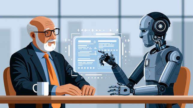 elderly businessman and a humanoid robot co-working analyze financial charts on a futuristic screen&mdash;a concept for AI collaboration in business.
