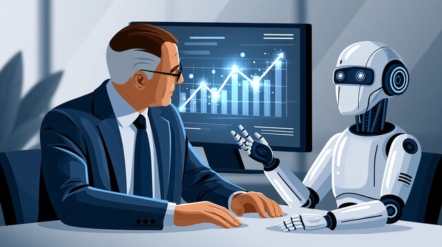elderly businessman and a humanoid robot co-working analyze financial charts on a futuristic screen&mdash;a concept for AI collaboration in business.