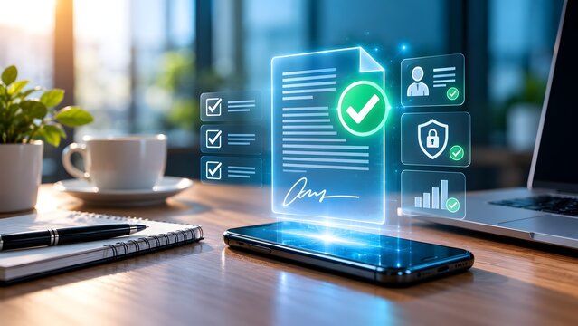 Digital contract signing on smartphone with holographic document checklist security and analytics icons modern office desk setup