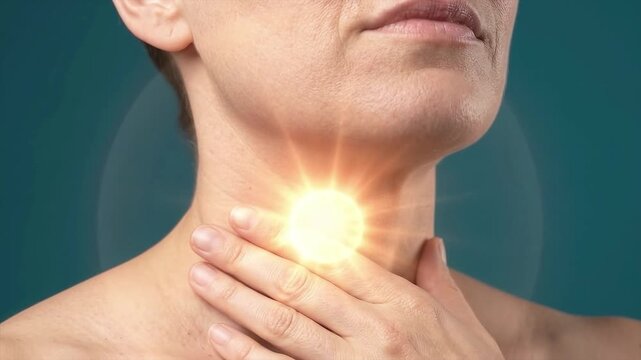 Close-up of a woman experiencing throat or neck pain, highlighted with a glowing effect, as she touches her uncomfortable area, illustrating health issues or discomfort.