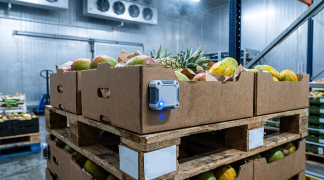 Cardboard box fresh produce cold chain logistics warehouse pallet fruit crate industrial cooler blue sensor tracks ripe produce during cold chain.