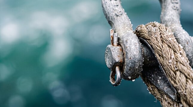 Heavy metal shackle secures thick rope aboard marine vessel above blurred turquoise sea water. Salty moisture coats sturdy nautical hardware, reflecting reliable maritime strength.