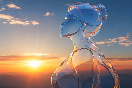 Translucent crystal female bust against mountain sunrise, ethereal glass woman silhouette, spiritual mindfulness and inner peace concept