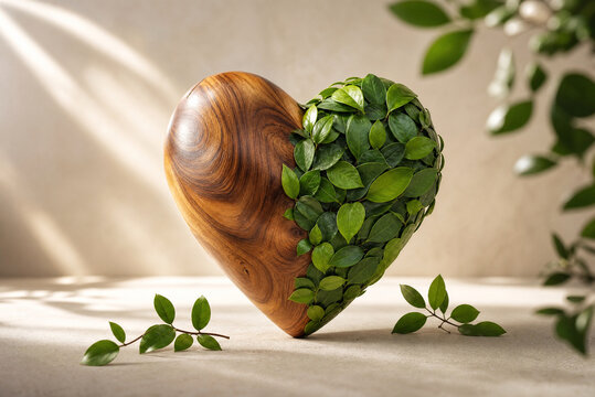 Eco-friendly wooden heart with green leaves, sustainable nature symbol for environmental conservation, organic heart sculpture on neutral background