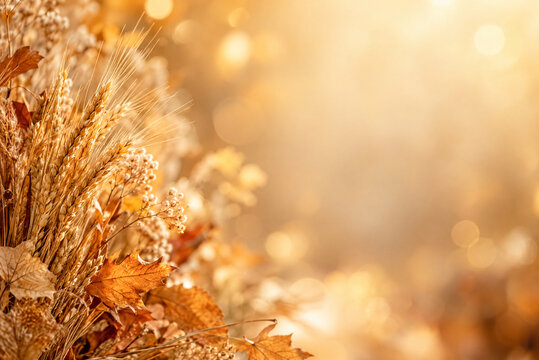 Golden autumn background with dried wheat and fall leaves, warm harvest seasonal backdrop, rustic nature texture with soft bokeh light