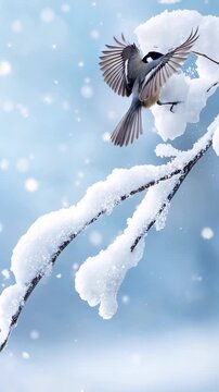 Winter resilience shows tiny songbird fluttering along snow-covered tree branch. Close-up vertical shot captures chickadee flapping wings amidst falling snowflakes.