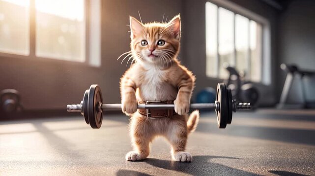 Fierce determination drives a tiny kitten deadlifting a heavy barbell in a gym setting. Low angle view of an anthropomorphic pet weightlifting.