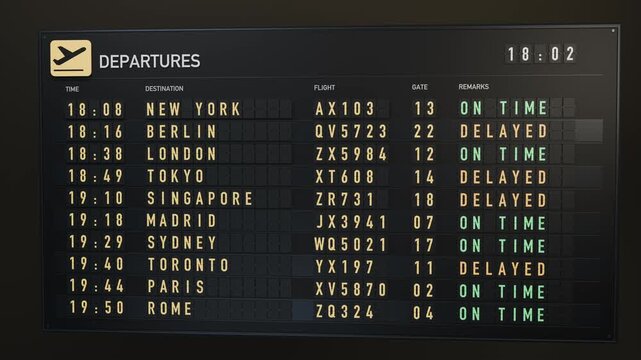 Airport Departures Split-Flap Board with Changing Flight Status