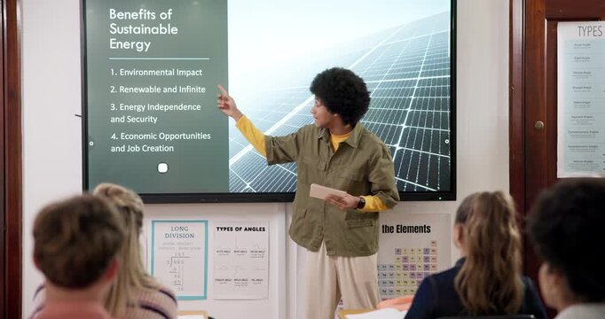 Education, presentation and student in classroom with screen, learning or report on sustainable energy. High school, research project and person gesture with flash cards for benefits of solar power