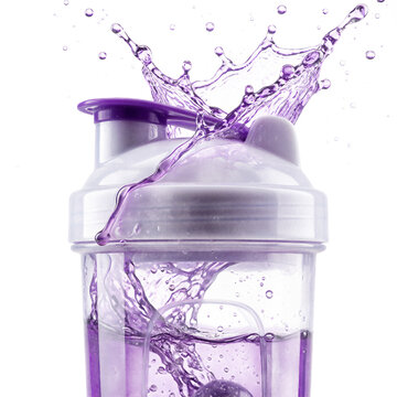 Bright purple pre-workout liquid splashing dramatically against the sealed lid of a translucent plastic shaker bottle on a transparent background