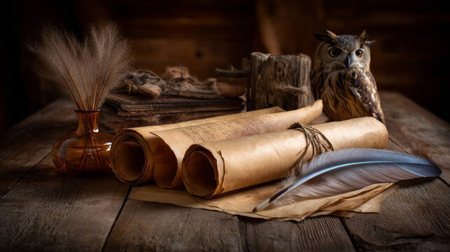 Ancient scrolls and falconry gear on a wooden table. Entertainment for the rich, hobbies in the UAE or the USA, ancient art, UNESCO heritage