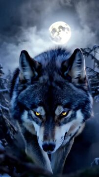 Magnificent gray wolf with glowing yellow eyes walking through a snowy forest under a bright full moon during a cold winter night