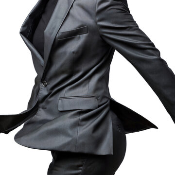 Slate sharkskin suit jacket with notch lapels and two-button front captured mid-spin on a transparent background