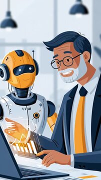 An elderly businessman and a humanoid robot co-working to analyze financial charts on a futuristic screen. A concept for AI collaboration in business. Flat design animation, cartoon style.
