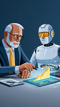 An elderly businessman and a humanoid robot co-working to analyze financial charts on a futuristic screen. A concept for AI collaboration in business. Flat design animation, cartoon style.