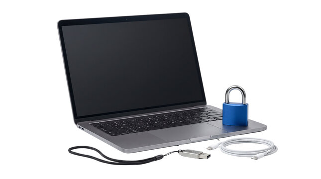 Cybersecurity laptop with blue padlock, data privacy hardware, encrypted network security concept on white background