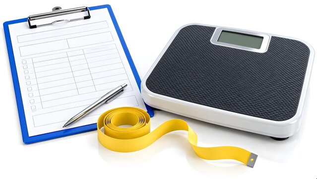 Anthropometric Assessment with Digital Weighing Scale, Measuring Tape and Clinical Clipboard on White Background
