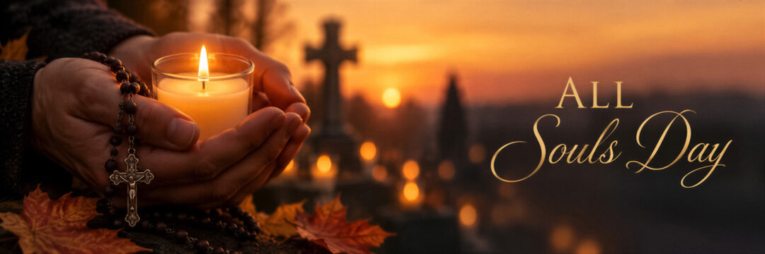 Hands holding a candle and rosary in a cemetery on All Souls Day. Christian remembrance and prayer for the departed. Catholic tradition, memorial observance and autumn holiday.