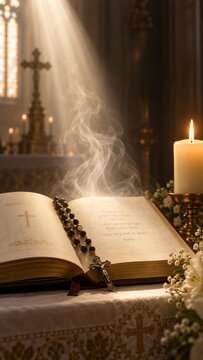 Open prayer book with rosary and candle in church. All Souls Day remembrance for the departed. Catholic memorial, mourning and faith. Prayer for eternal rest and peace.