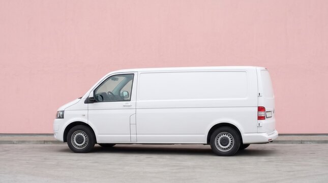 White delivery van mockup parked against pastel pink stucco wall side view, minimal urban cargo vehicle branding template for logistics and commercial transport design with copy space
