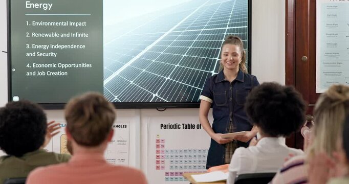Student, applause and presentation in classroom for solar energy, innovative ideas and finish oral. Teen girl, speech and clapping in high school for peer support with proposal to solve power crisis