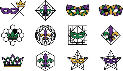 Mardi Gras geometric icon set with masks, fleur de lis and crowns, vector icon set isolated on white © Siska