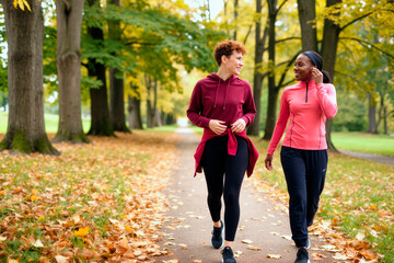 Plakat Caucasian young adult woman and African American young adult woman walking together in autumn park, talking and smiling. Image represents friendship and healthy lifestyle for wellness campaigns