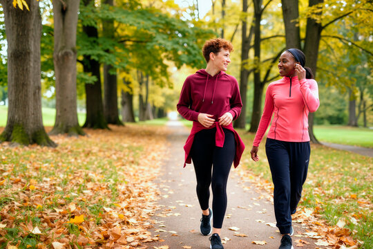 Caucasian young adult woman and African American young adult woman walking together in autumn park, talking and smiling. Image represents friendship and healthy lifestyle for wellness campaigns