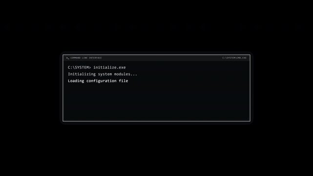 A minimal white monochrome command-line interface (CMD) animation featuring clean white monospace typography, character-by-character typewriter effect across multiple output lines, blinking white bloc