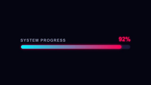 Neon glowing system progress bar with percentage counter on transparent background