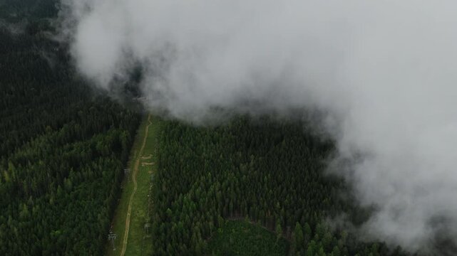 Dense Fog And Low Clouds Drift Over Mountain Forests In Karkonosze National Park, Poland. Aerial Shot