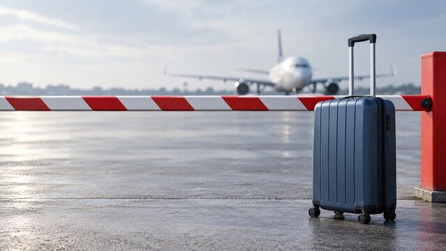 Suitcase before a closed airport barrier with a plane behind it, symbolizing travel restrictions and flight disruption.