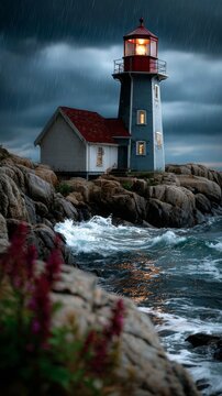 A lighthouse stands on rocky shores during a stormy rainstorm with waves crashing against the rocks, set against a dark cloudy.