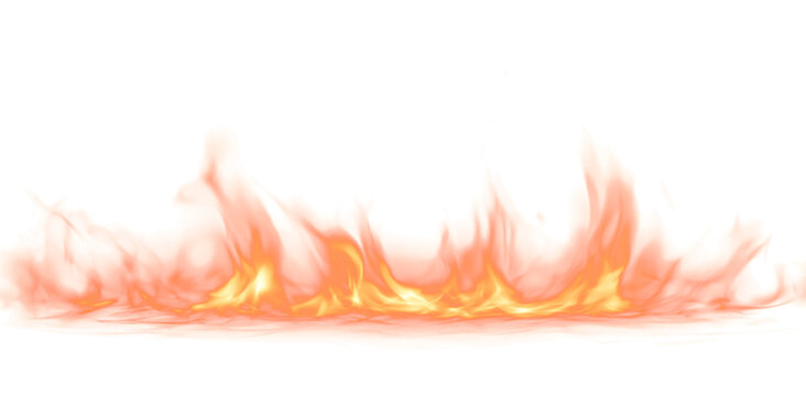 Horizontal line of realistic fire flames with burning effect.