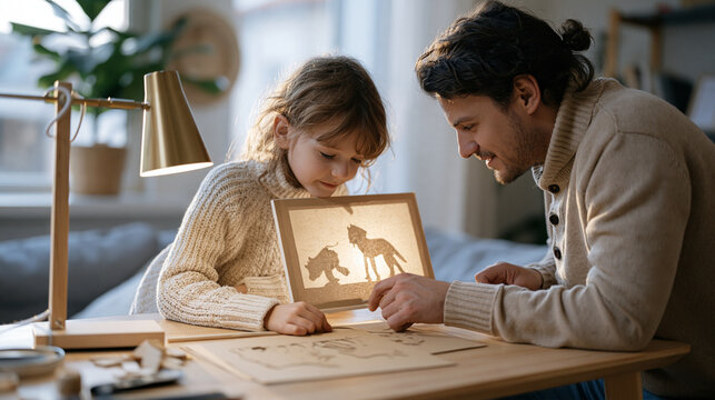 DIY shadow puppet theater, making paper animal silhouettes and setting up a small puppet screen with a lamp, family storytelling, children's creativity, handmade toys, imaginative