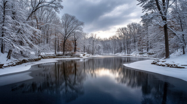 Winter frosty winter landscape. Snow covers ground and trees and air crisp, cold. Perfect winter holidays seasonal themes, tranquility, vacations and holidays. Christmas or New Year winter background