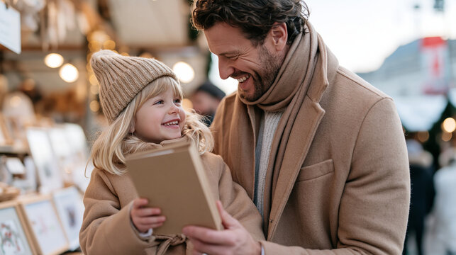 A young father helping his daughter choose a meaningful Christmas present for her mother, browsing handmade gifts at a festive local market, parent-child bonding, thoughtful
