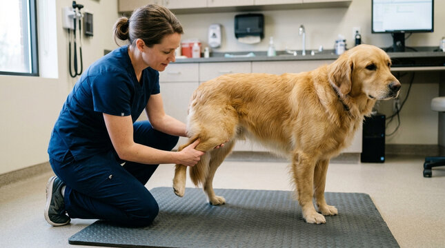 Veterinarian Examining Dog: A veterinarian in scrubs gently examines a golden retriever's leg in a clean examination room, highlighting compassionate animal care and veterinary medicine.