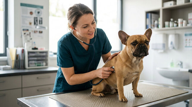 Veterinarian Examining French Bulldog: A compassionate veterinarian uses a stethoscope to examine a French bulldog on an examination table in a bright, modern clinic.