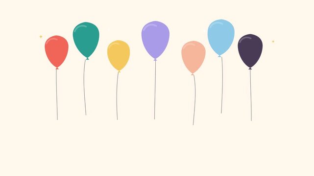 Colorful 2D flat vector balloons gently floating, bobbing, and swaying with flexible curved strings in a seamless animation loop. Suitable for birthday invitations, party promotions, celebration backg