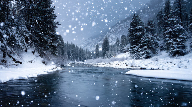 Winter frosty winter landscape. Snow covers ground and trees and air crisp, cold. Perfect winter holidays seasonal themes, tranquility, vacations and holidays. Christmas or New Year winter background