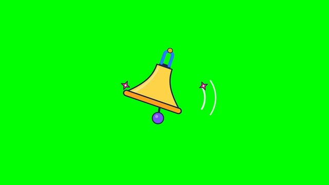 Minimal colorful celebration bell icon animated with rhythmic swinging, delayed clapper movement, subtle squash and stretch, and coordinated decorative accents. Clean flat vector design with a mathema