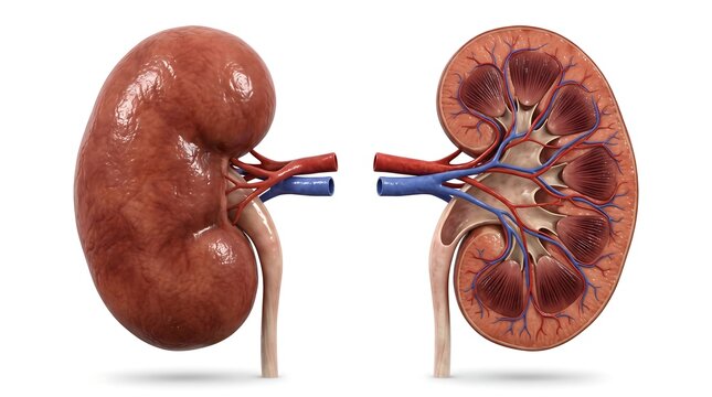 Human kidney anatomy model showing external view and internal cross