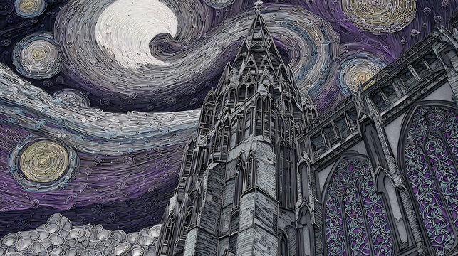 Paper cut art illustration of gothic cathedral architecture under starry swirling night sky with moon.