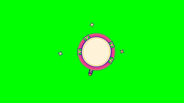 Minimal flat vector animation of a colorful party tambourine featuring rhythmic swinging motion, responsive metallic jingles, and playful decorative star accents. Designed as a seamless looping celebr