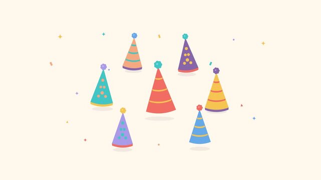 Colorful flat vector party hats with decorative pom-poms floating and swaying gently in a playful celebration composition. Seamless looping motion graphic for birthday invitations, party promotions, g