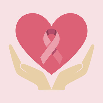 vector illustration of hands holding a solid heart with a small breast cancer awareness, symbolic of care, support and solidarity, suitable for additional element for design or banner, wallpaper